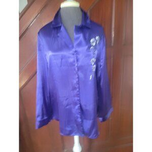 Vintage Floral Embroidered Purple Satin Button-Up Blouse Womens Size XL